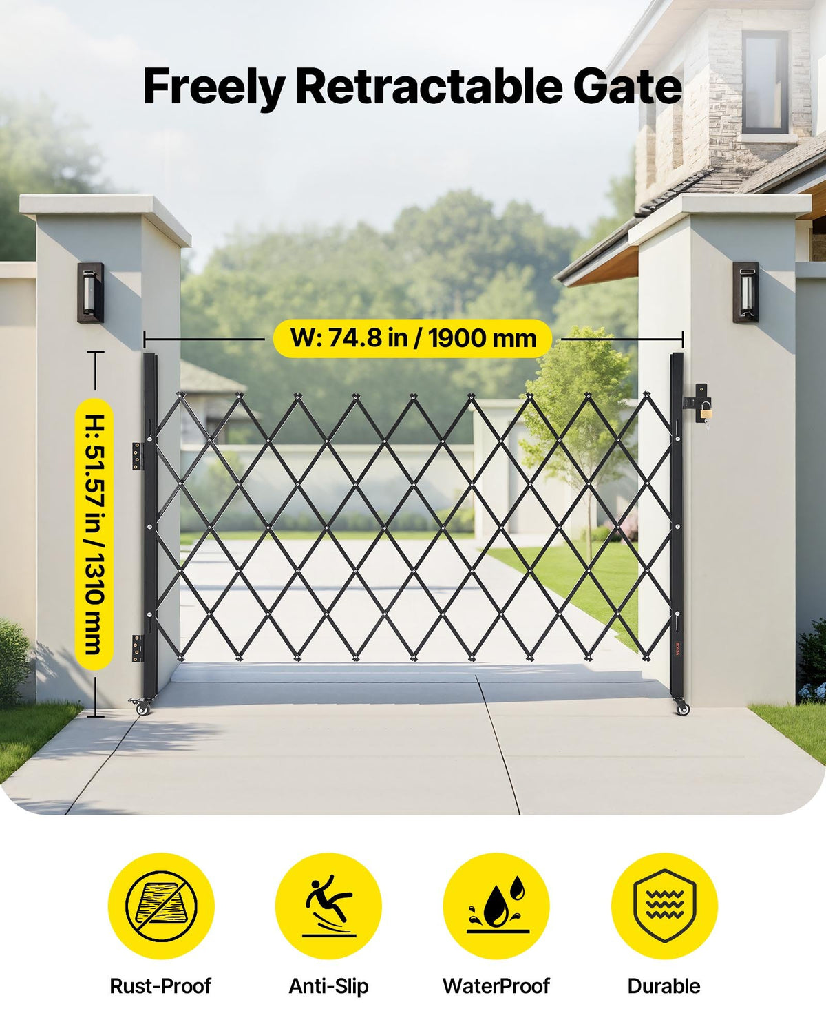 VEVOR Single Folding Security Gate, Lockable Scissor Gate with 360° Swivel Casters, Outdoor Barricade Steel Retractable Gates, for Entry Security, Garage, Warehouse & Pool, 190 × 131 cm (W × H)