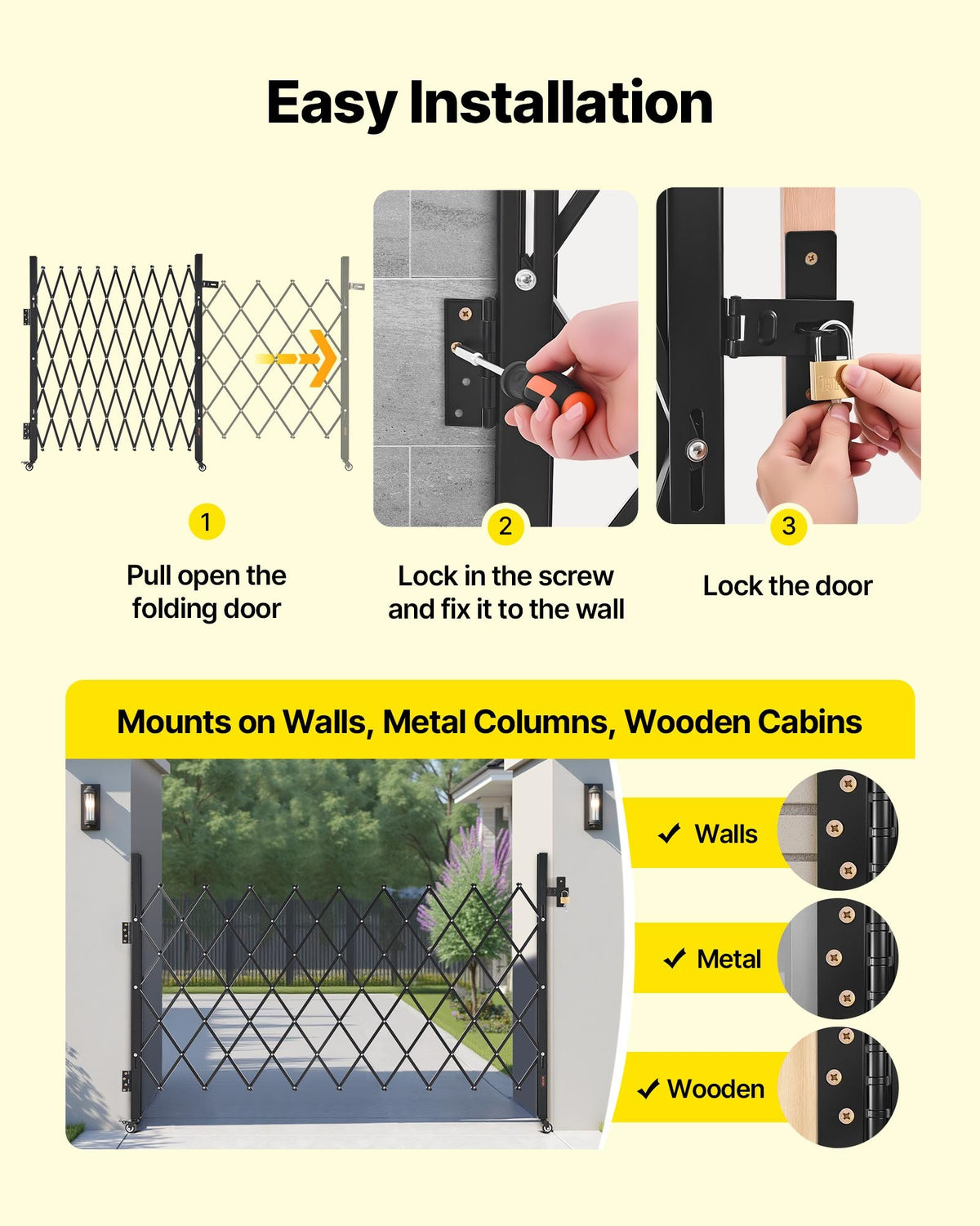 VEVOR Single Folding Security Gate, Lockable Scissor Gate with 360° Swivel Casters, Outdoor Barricade Steel Retractable Gates, for Entry Security, Garage, Warehouse & Pool, 190 × 131 cm (W × H)