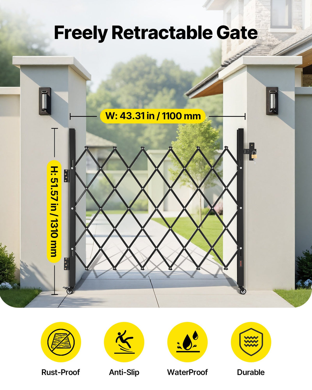VEVOR Single Folding Security Gate, Lockable Scissor Gate with 360° Swivel Casters, Outdoor Barricade Steel Retractable Gates, for Entry Security, Garage, Warehouse & Pool, 110 × 131 cm (W × H)