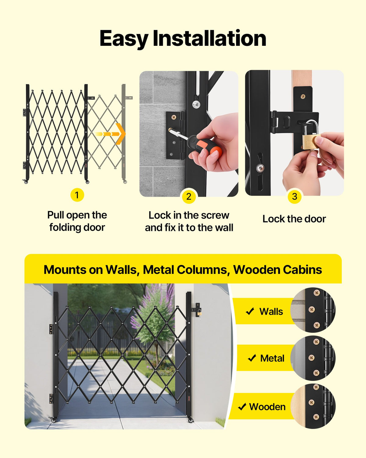 VEVOR Single Folding Security Gate, Lockable Scissor Gate with 360° Swivel Casters, Outdoor Barricade Steel Retractable Gates, for Entry Security, Garage, Warehouse & Pool, 110 × 131 cm (W × H)