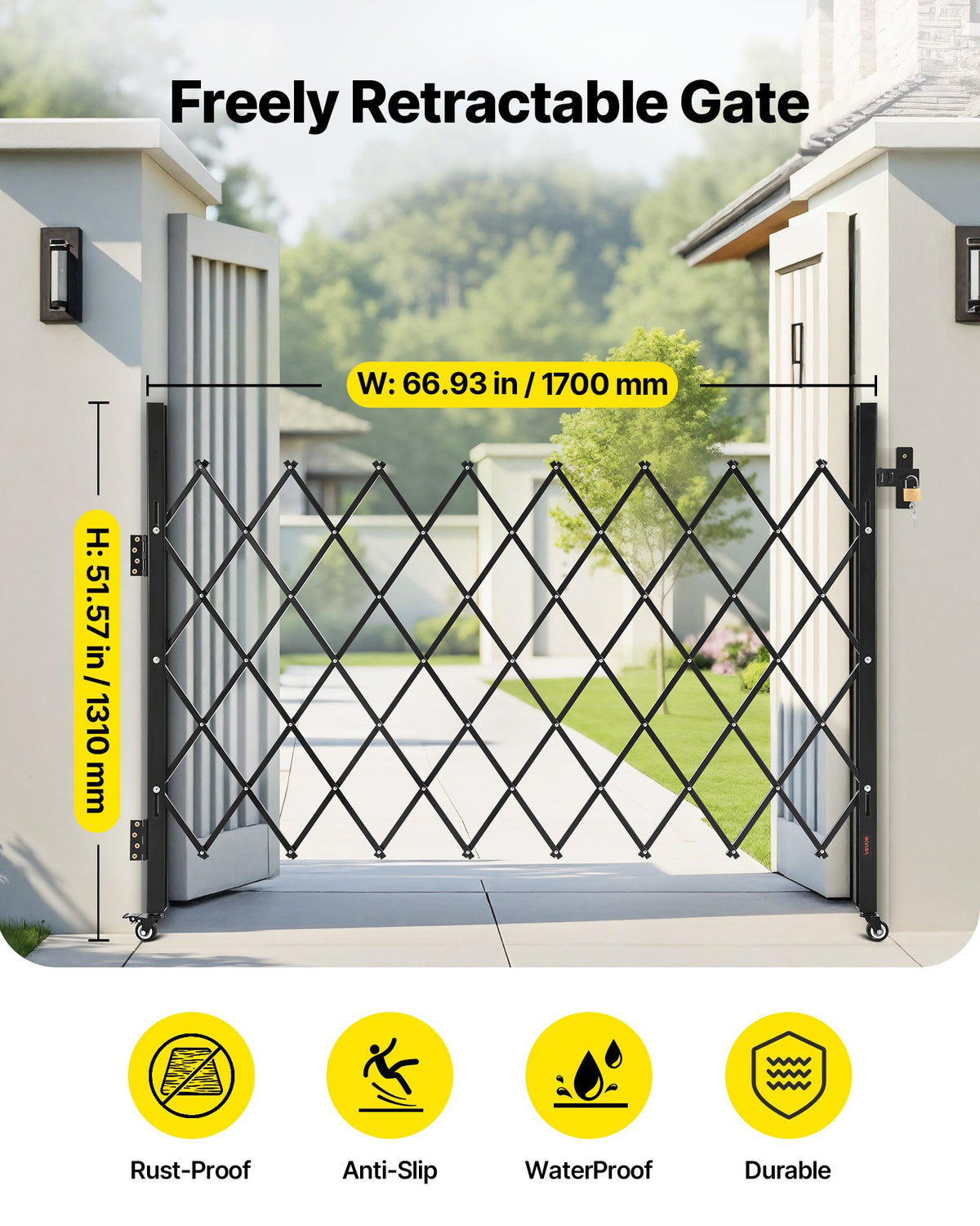 VEVOR Single Folding Security Gate, Lockable Scissor Gate with 360° Swivel Casters, Outdoor Barricade Steel Retractable Gates, for Entry Security, Garage, Warehouse & Pool, 170 × 131 cm (W × H)
