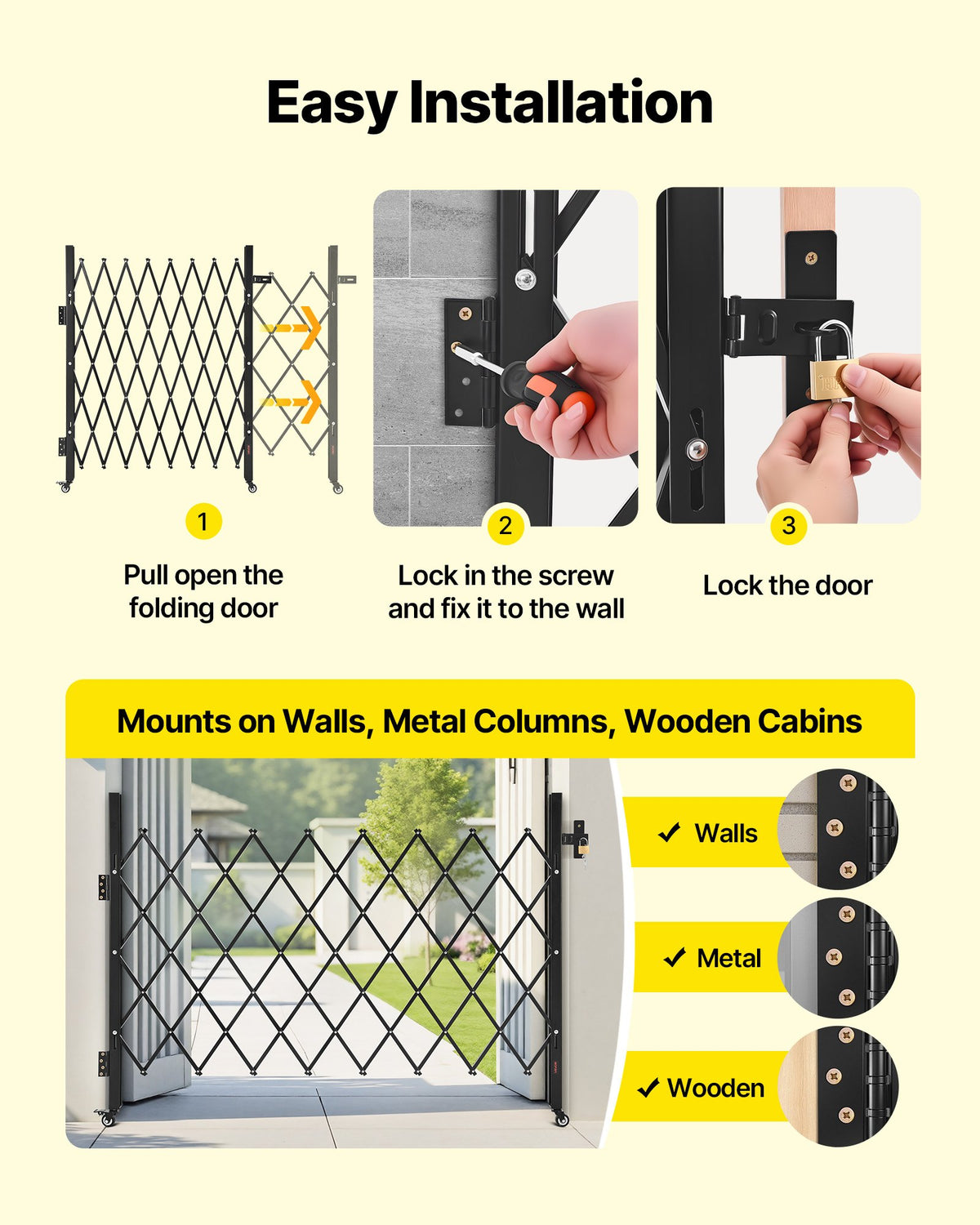 VEVOR Single Folding Security Gate, Lockable Scissor Gate with 360° Swivel Casters, Outdoor Barricade Steel Retractable Gates, for Entry Security, Garage, Warehouse & Pool, 170 × 131 cm (W × H)
