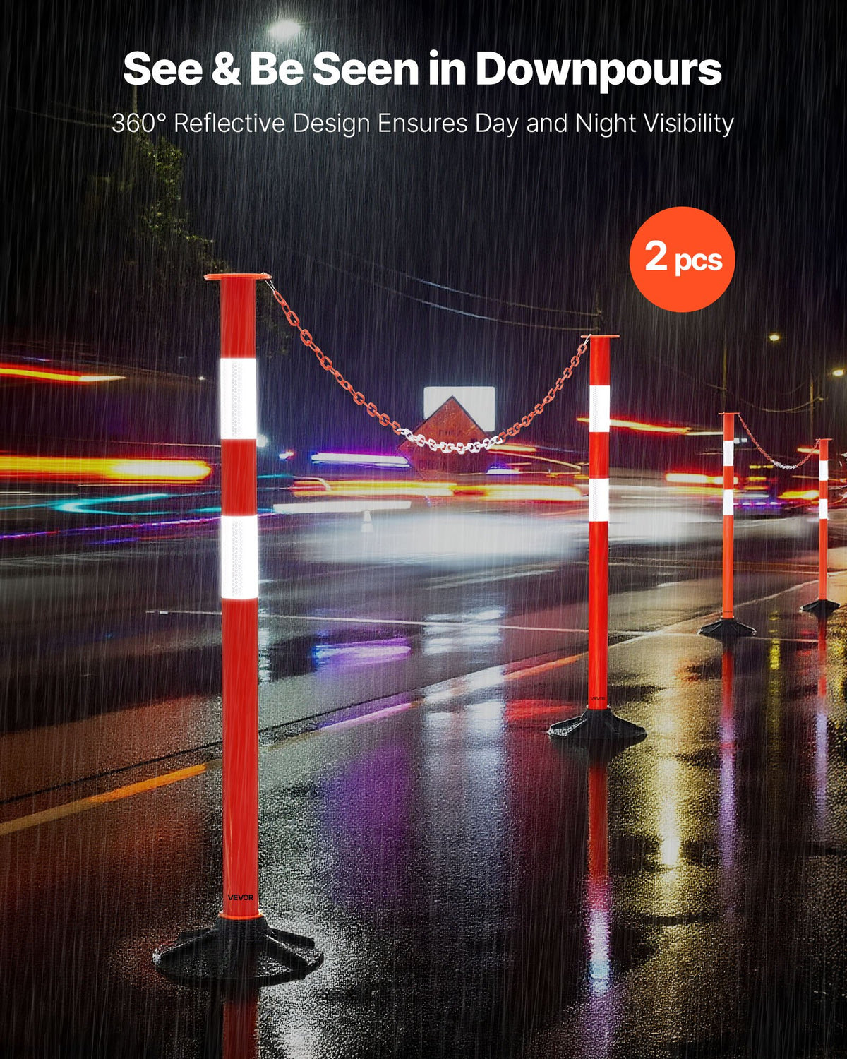 VEVOR 2 Pack Traffic Delineator Posts, 871 mm Traffic Safety Cones with Weighted Base, Reflective Strips and Chain, Heavy Duty Delineator Posts for Construction Site, Parking Lot, Crowd Control, Red