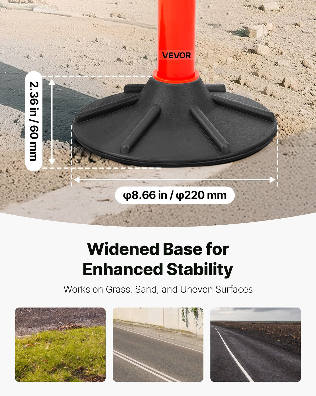 VEVOR 2 Pack Traffic Delineator Posts, 871 mm Traffic Safety Cones with Weighted Base, Reflective Strips and Chain, Heavy Duty Delineator Posts for Construction Site, Parking Lot, Crowd Control, Red