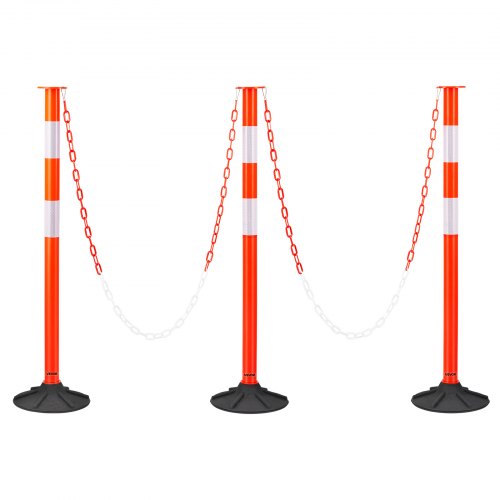 VEVOR 3 Pack Traffic Delineator Posts, 871 mm Traffic Safety Cones with Weighted Base, Reflective Strips and Chain, Heavy Duty Delineator Posts for Construction Site, Parking Lot, Crowd Control, Red