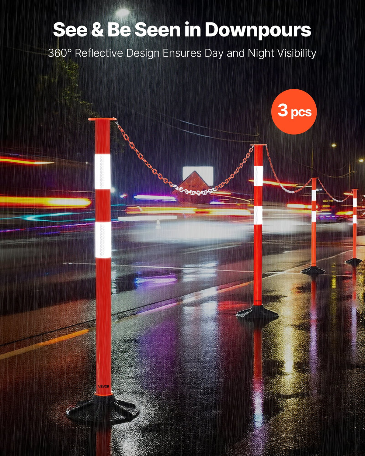VEVOR 3 Pack Traffic Delineator Posts, 871 mm Traffic Safety Cones with Weighted Base, Reflective Strips and Chain, Heavy Duty Delineator Posts for Construction Site, Parking Lot, Crowd Control, Red