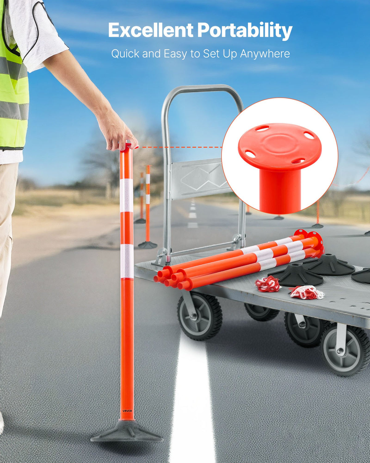 VEVOR 3 Pack Traffic Delineator Posts, 871 mm Traffic Safety Cones with Weighted Base, Reflective Strips and Chain, Heavy Duty Delineator Posts for Construction Site, Parking Lot, Crowd Control, Red