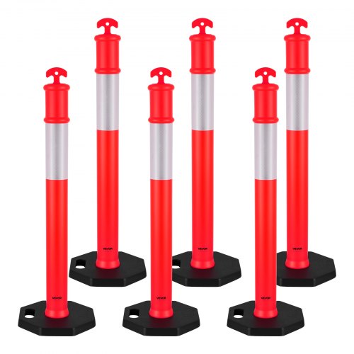 VEVOR 6 Pack Traffic Delineator Posts, 1140 mm Traffic Safety Cones with Weighted Base and Reflective Strips, Heavy Duty Delineator Posts for Construction Site, Parking Lot, Crowd Control, Red