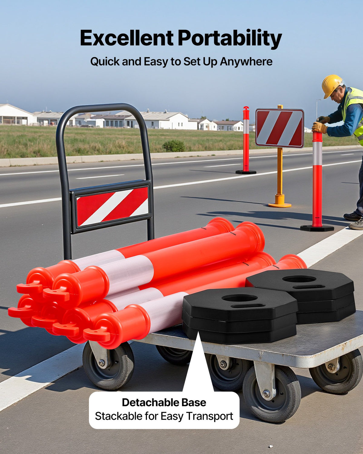 VEVOR 6 Pack Traffic Delineator Posts, 1140 mm Traffic Safety Cones with Weighted Base and Reflective Strips, Heavy Duty Delineator Posts for Construction Site, Parking Lot, Crowd Control, Red