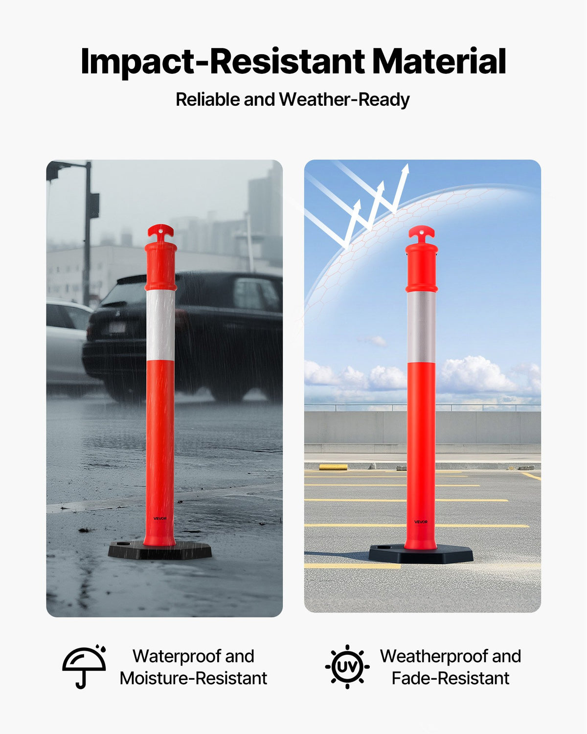 VEVOR 6 Pack Traffic Delineator Posts, 1140 mm Traffic Safety Cones with Weighted Base and Reflective Strips, Heavy Duty Delineator Posts for Construction Site, Parking Lot, Crowd Control, Red