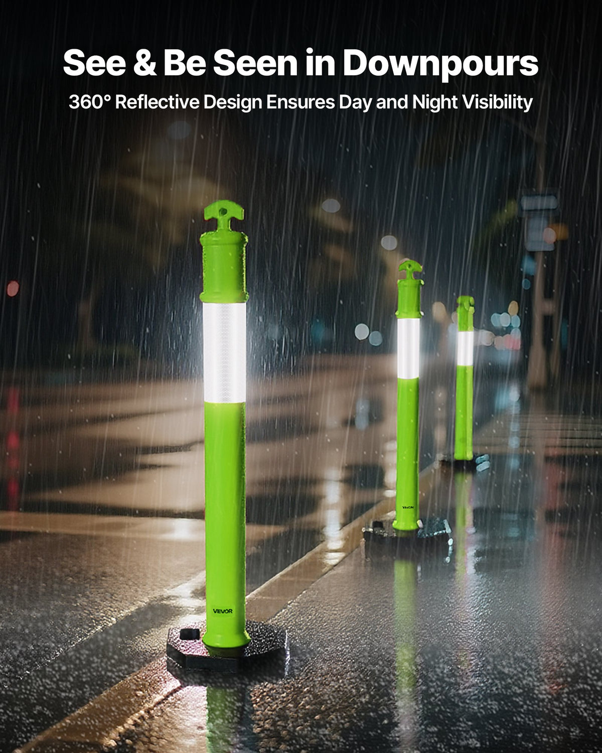 VEVOR 3 Pack Traffic Delineator Posts, 1140 mm Traffic Safety Cones with Weighted Base and Reflective Strips, Heavy Duty Delineator Posts for Construction Site, Parking Lot, Crowd Control, Green