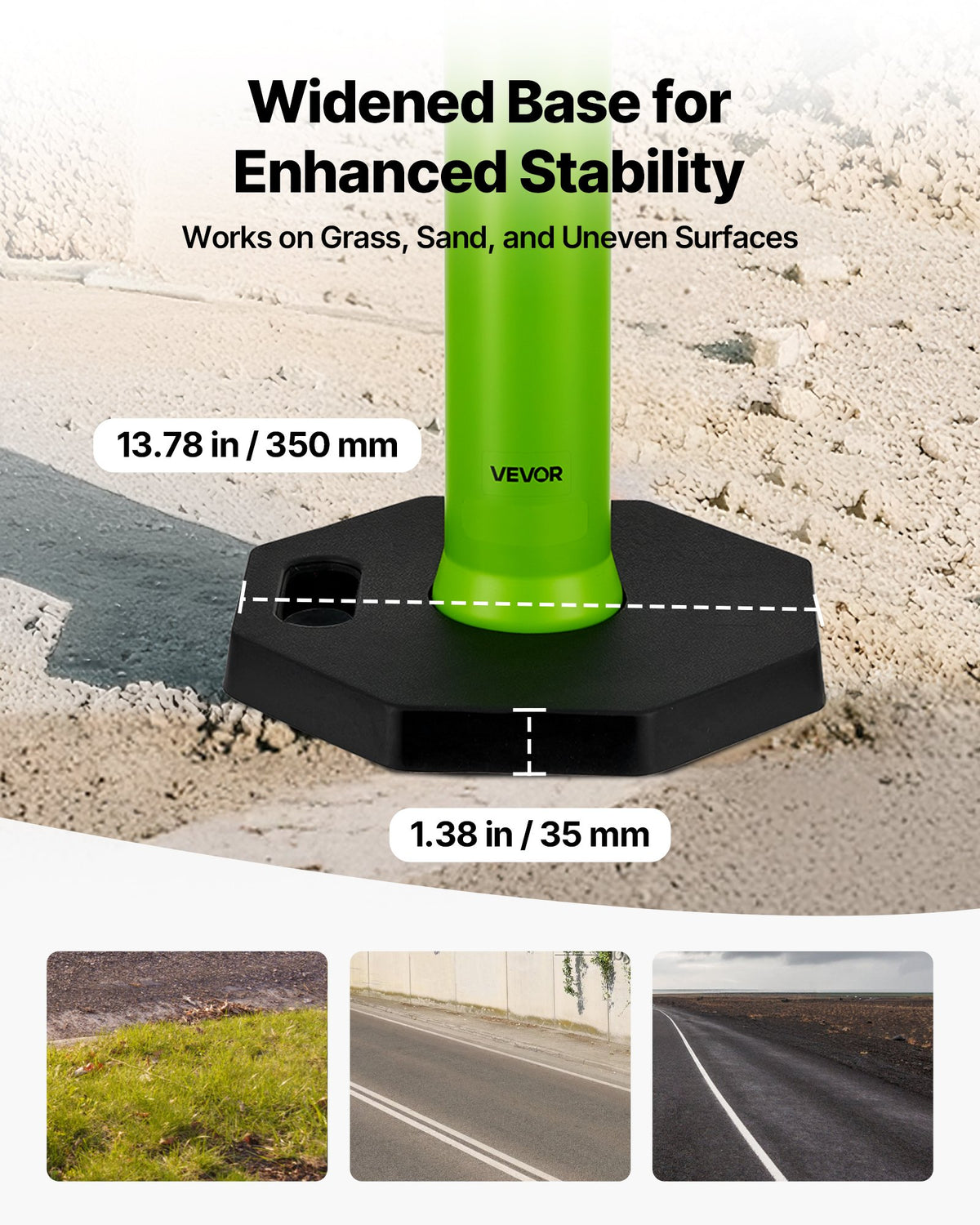 VEVOR 3 Pack Traffic Delineator Posts, 1140 mm Traffic Safety Cones with Weighted Base and Reflective Strips, Heavy Duty Delineator Posts for Construction Site, Parking Lot, Crowd Control, Green