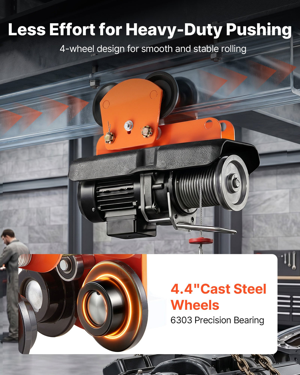 VEVOR Electric Hoist Manual Trolley, 1 Ton Load Capacity for PA600 PA700 PA800 PA900 PA1000, Push Beam Trolley with Dual Wheels, 68-110 mm Adjustable Beam Flange Width for Straight & Curved I-Beam
