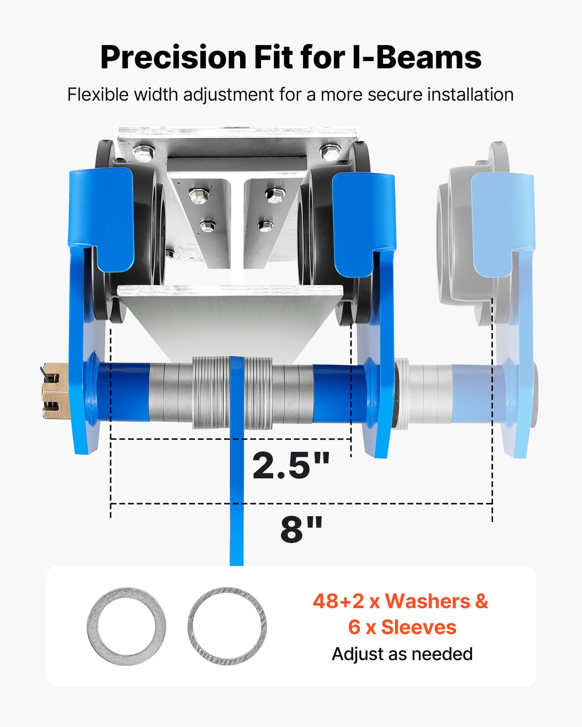 VEVOR Manual Trolley, 3 Ton Load Capacity, Push Beam Trolley with Dual Wheels, Adjustable for I-Beam Flange Width 63 mm to 203 mm, Heavy Duty Carbon Steel Garage Hoist for Straight & Curved I Beam