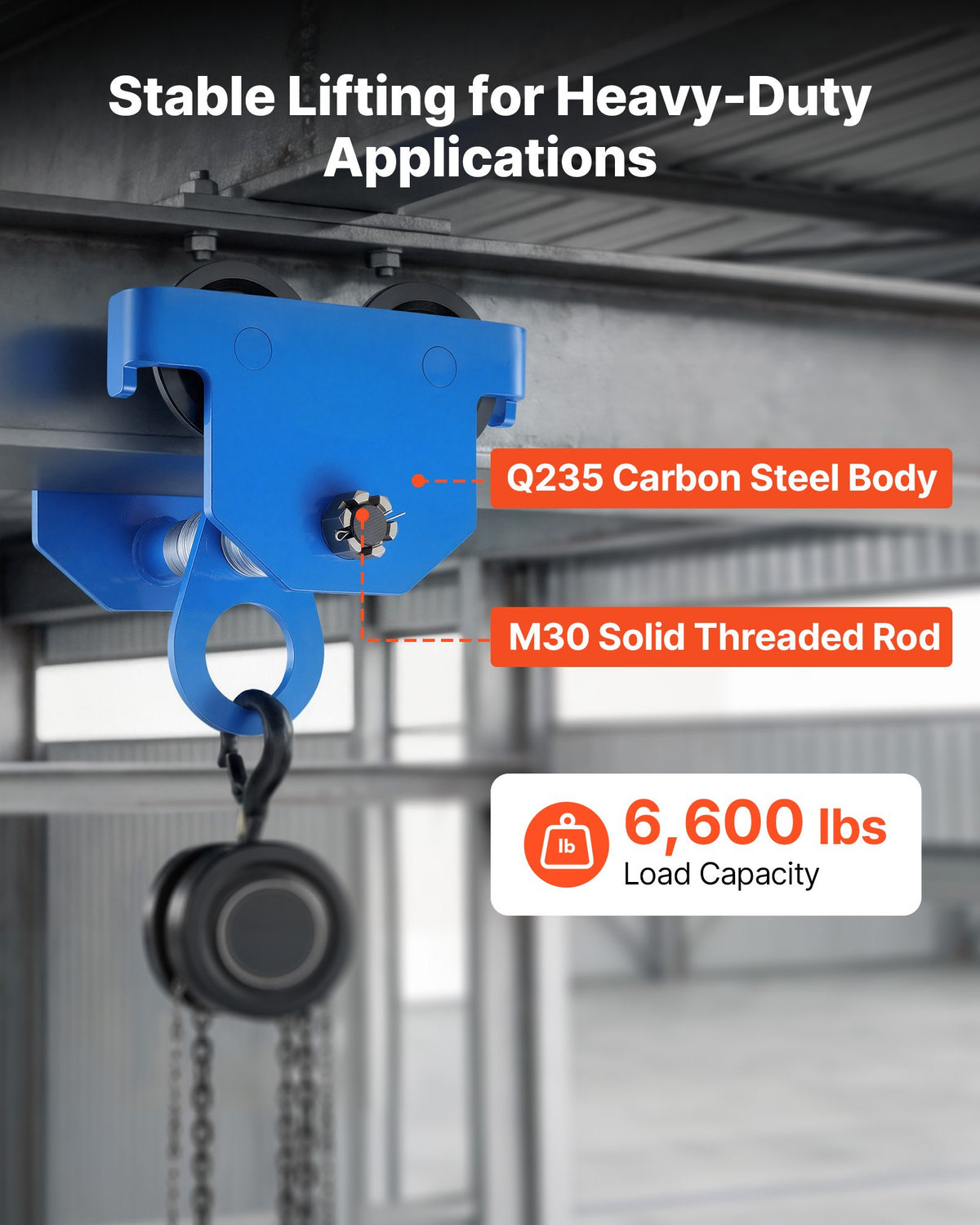 VEVOR Manual Trolley, 3 Ton Load Capacity, Push Beam Trolley with Dual Wheels, Adjustable for I-Beam Flange Width 63 mm to 203 mm, Heavy Duty Carbon Steel Garage Hoist for Straight & Curved I Beam