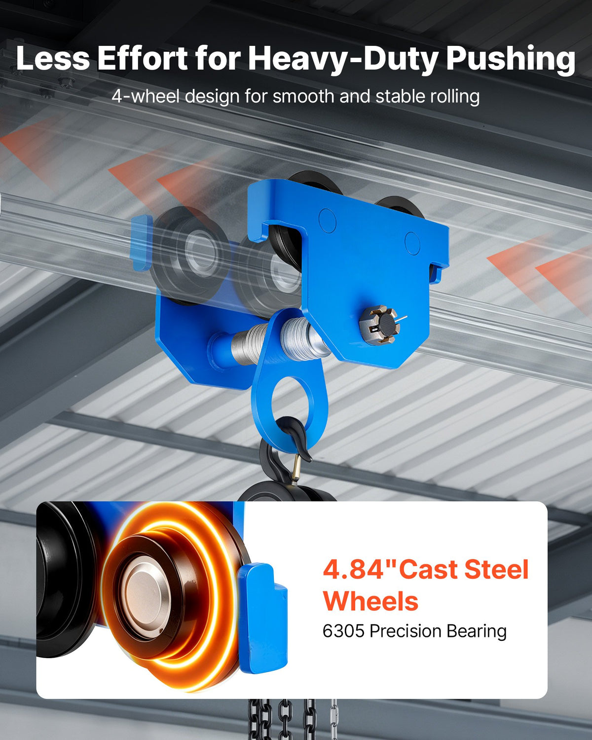 VEVOR Manual Trolley, 3 Ton Load Capacity, Push Beam Trolley with Dual Wheels, Adjustable for I-Beam Flange Width 63 mm to 203 mm, Heavy Duty Carbon Steel Garage Hoist for Straight & Curved I Beam