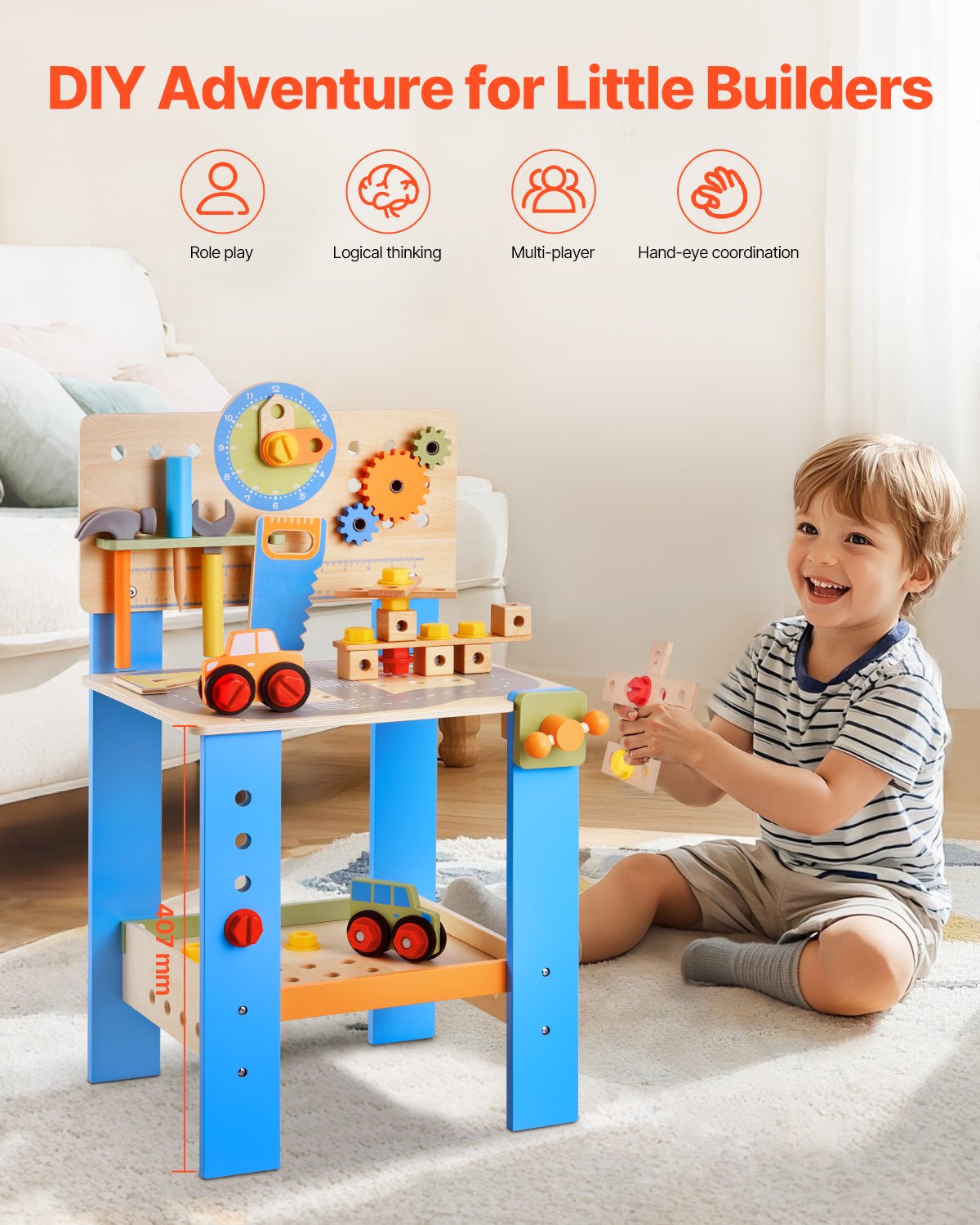 VEVOR Kids Workbench, 62 pcs, Wooden Tool Bench for Kids 3 Years and Up, Toddler Toy Workbench with Realistic Tools, Building Toy Set Creative & Educational Construction Toy for Boys & Girls
