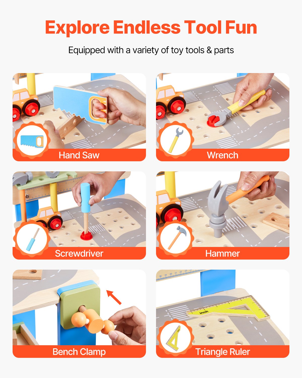 VEVOR Kids Workbench, 62 pcs, Wooden Tool Bench for Kids 3 Years and Up, Toddler Toy Workbench with Realistic Tools, Building Toy Set Creative & Educational Construction Toy for Boys & Girls