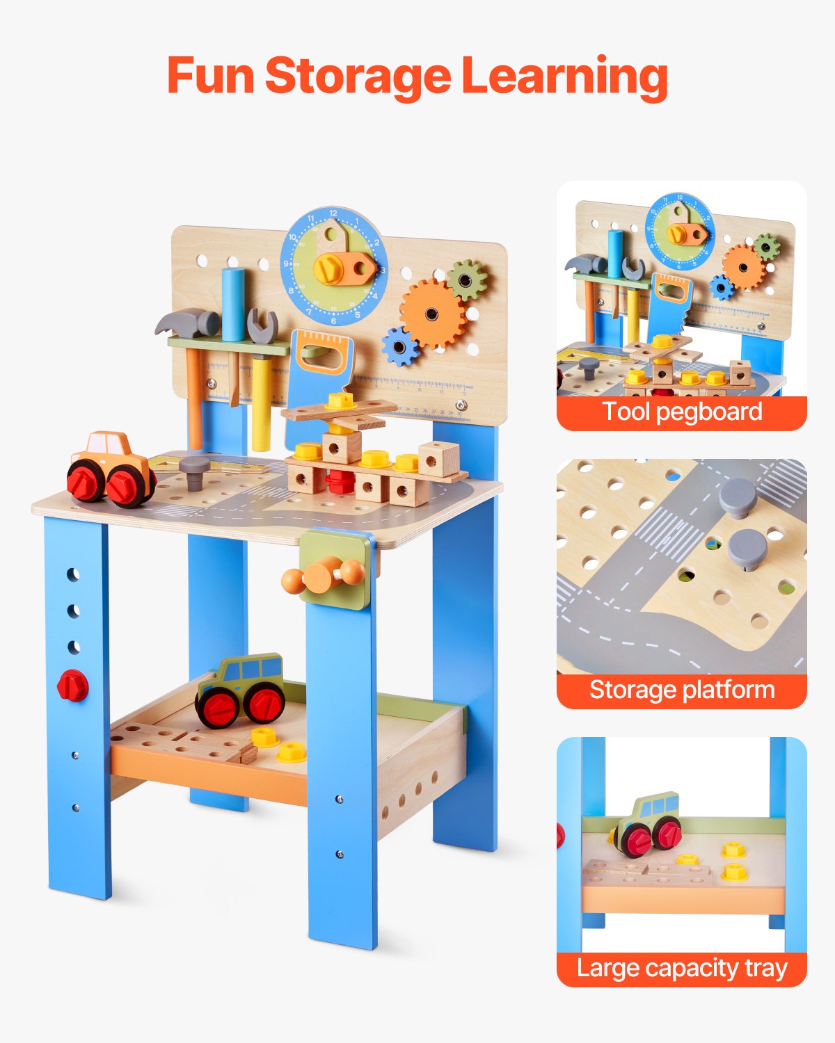 VEVOR Kids Workbench, 62 pcs, Wooden Tool Bench for Kids 3 Years and Up, Toddler Toy Workbench with Realistic Tools, Building Toy Set Creative & Educational Construction Toy for Boys & Girls