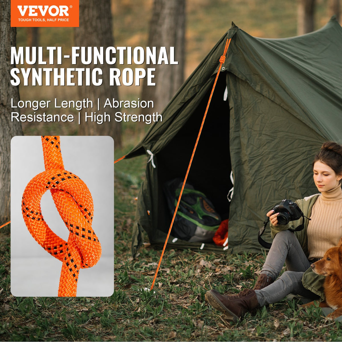 VEVOR Arborist Tree Climbing Rope Double Braid Polyester 1/2"/1.3 cm x 220'/67.1 m 48-Strand
