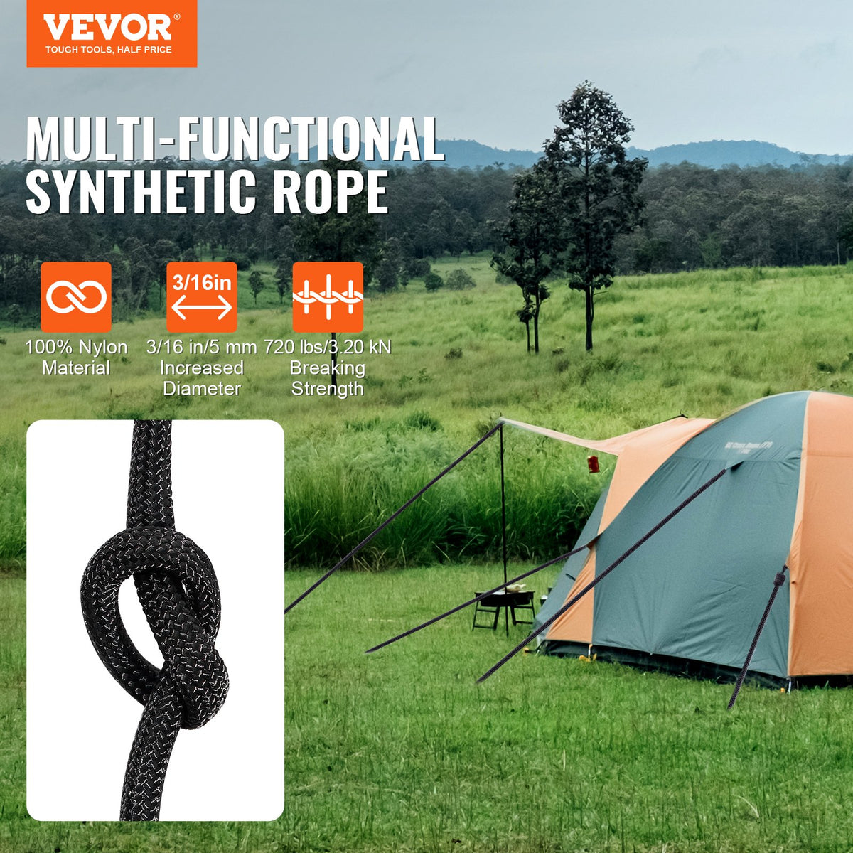 VEVOR Braided Nylon Rope, 0.48 cm (3/16 in) x 76.2 m (250 ft), 32 Strands, 327 kg (720 LBS) Breaking Strength Outdoor Climbing Rope, Arborist Tree Climbing Rigging Rope for Rock Hiking Camping Swing Rappelling Rescue, Black