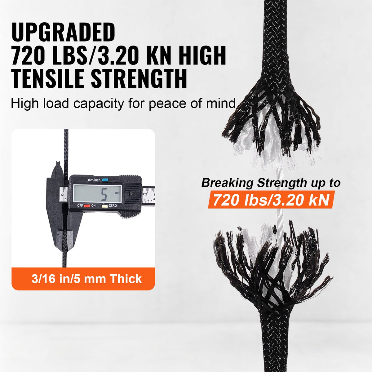 VEVOR Braided Nylon Rope, 0.48 cm (3/16 in) x 76.2 m (250 ft), 32 Strands, 327 kg (720 LBS) Breaking Strength Outdoor Climbing Rope, Arborist Tree Climbing Rigging Rope for Rock Hiking Camping Swing Rappelling Rescue, Black