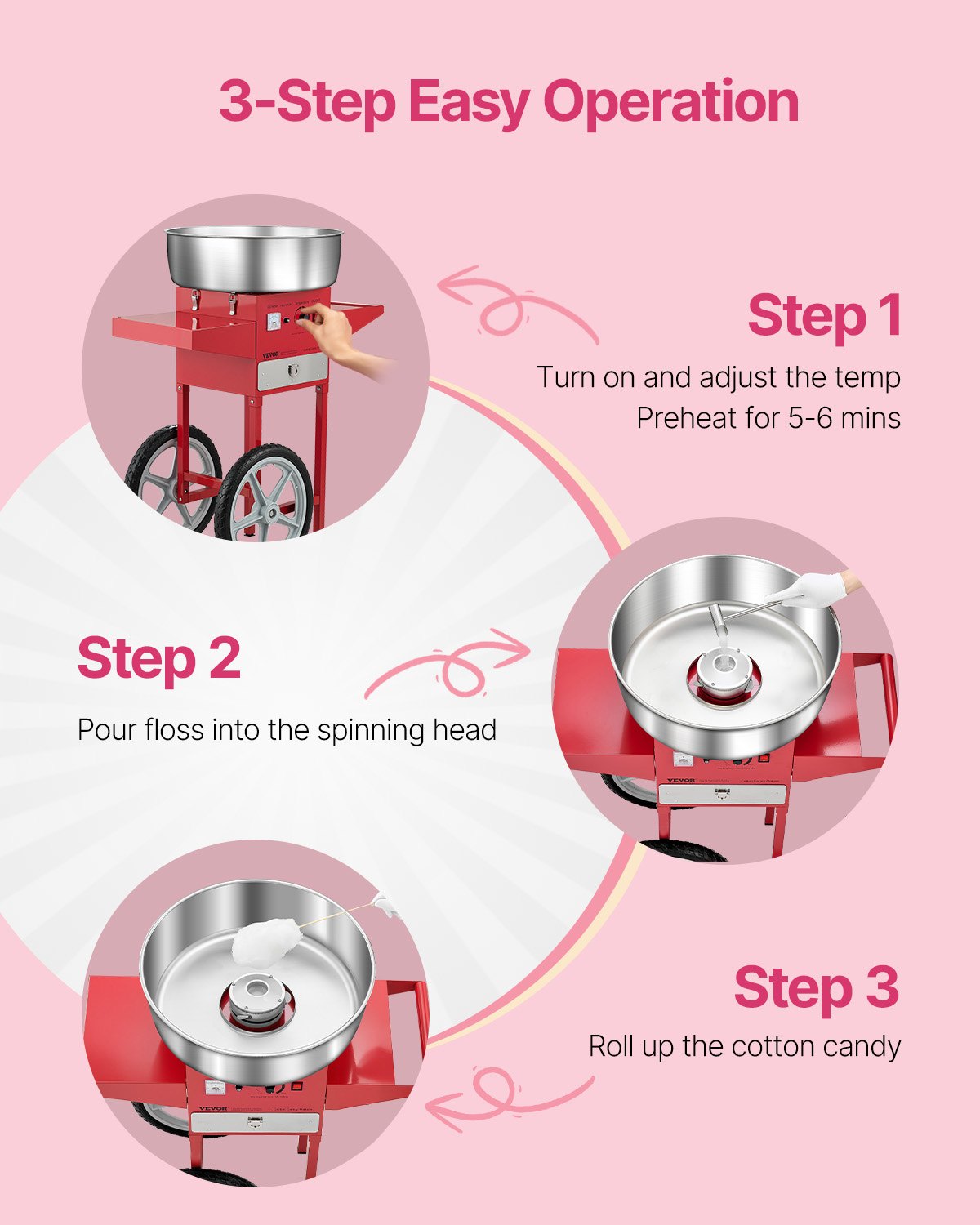 VEVOR Electric Cotton Candy Machine with Cart, 1000W Commercial Candy Floss Maker with 52cm Stainless Steel Bowl, Sugar Scoop, and Drawer, Easy to Use, for Home, Kids Birthday, Family Party, Red