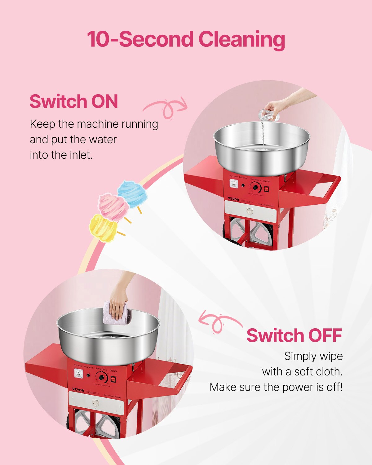 VEVOR Electric Cotton Candy Machine with Cart, 1000W Commercial Candy Floss Maker with 52cm Stainless Steel Bowl, Sugar Scoop, and Drawer, Easy to Use, for Home, Kids Birthday, Family Party, Red