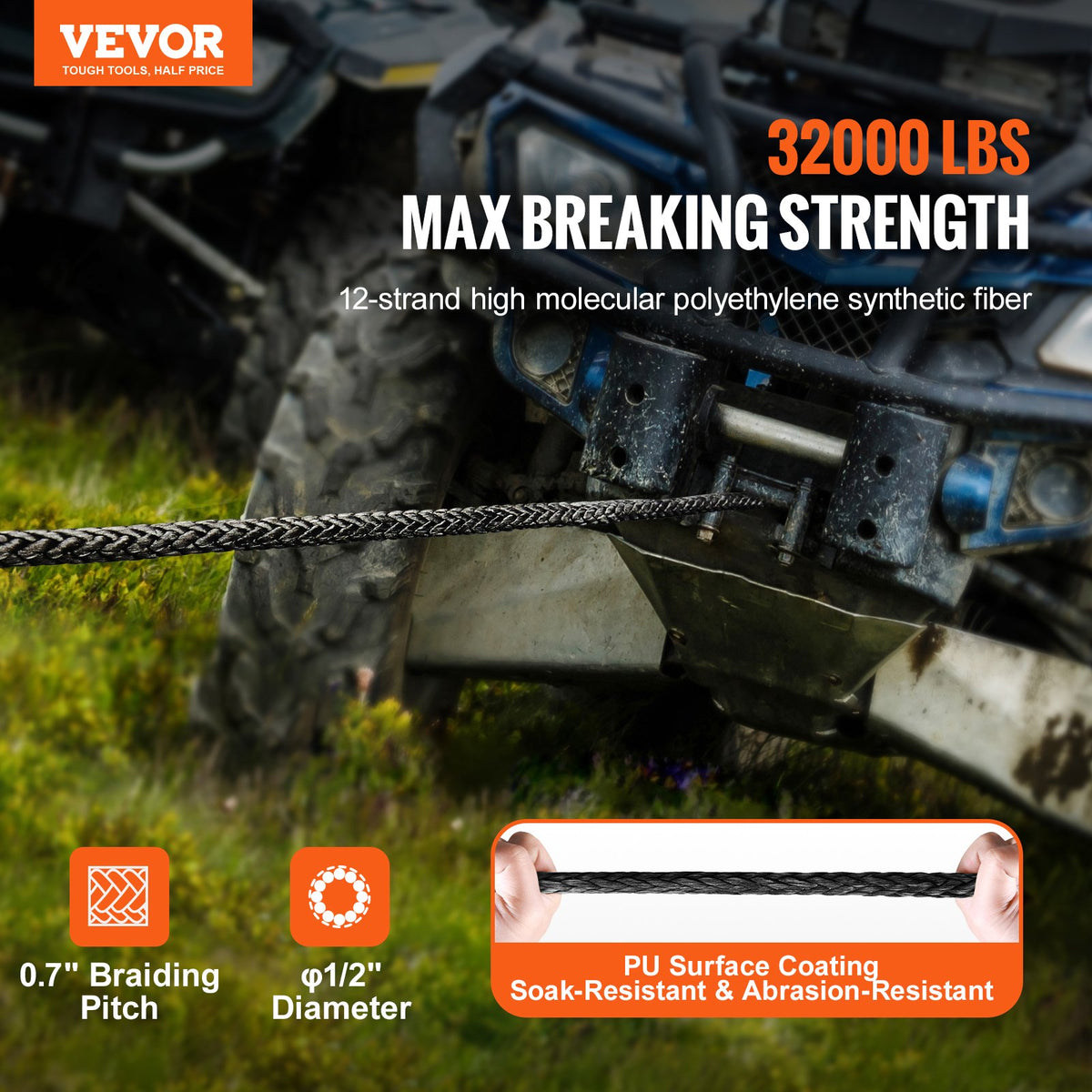 VEVOR Synthetic Winch Rope, 12.7 mm x 28 m 14,515 kg Synthetic Winch Line Cable Rope with Protective Sleeve + Forged Winch Hook + Pull Strap, Universal Fit for SUV, Large Off-Road Vehicle, Truck
