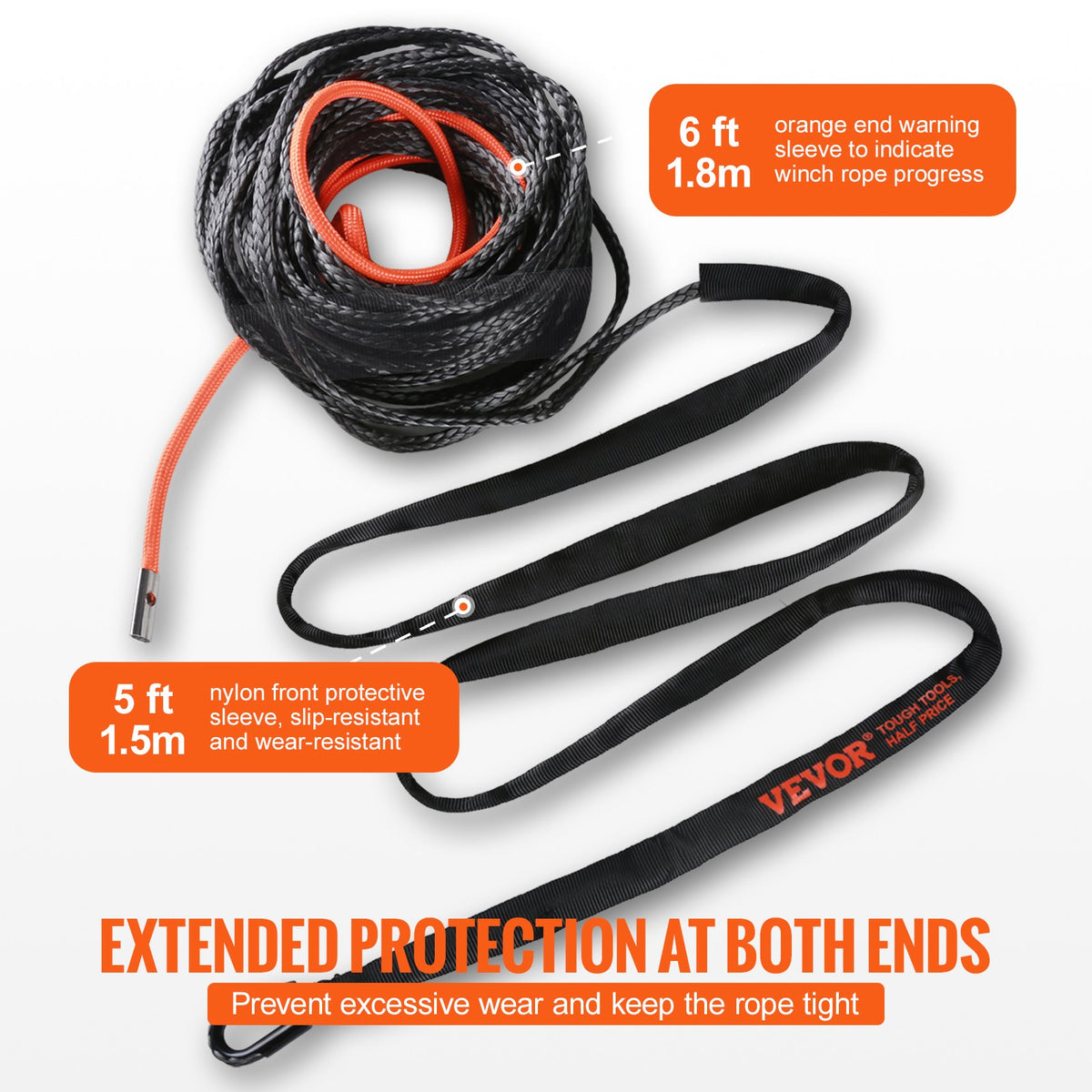 VEVOR Synthetic Winch Rope, 9.5 mm x 25.91 m 12,020 kg Synthetic Winch Line Cable Rope with Protective Sleeve + Forged Winch Hook + Pull Strap, Universal Fit for SUV, Large Off-Road Vehicle, Truck