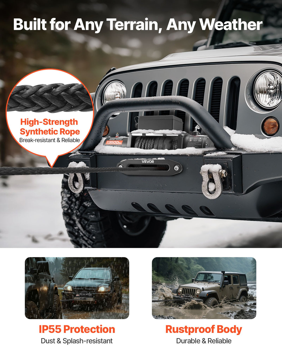 VEVOR Electric Winch, 6100 kg Load Capacity, 12V DC Truck Winch with Φ9.5 mm x 26 m Synthetic Rope, Wireless & Wired Remote Control, IP55 Waterproof for Towing Off-Road SUV Jeep Trailer Boat
