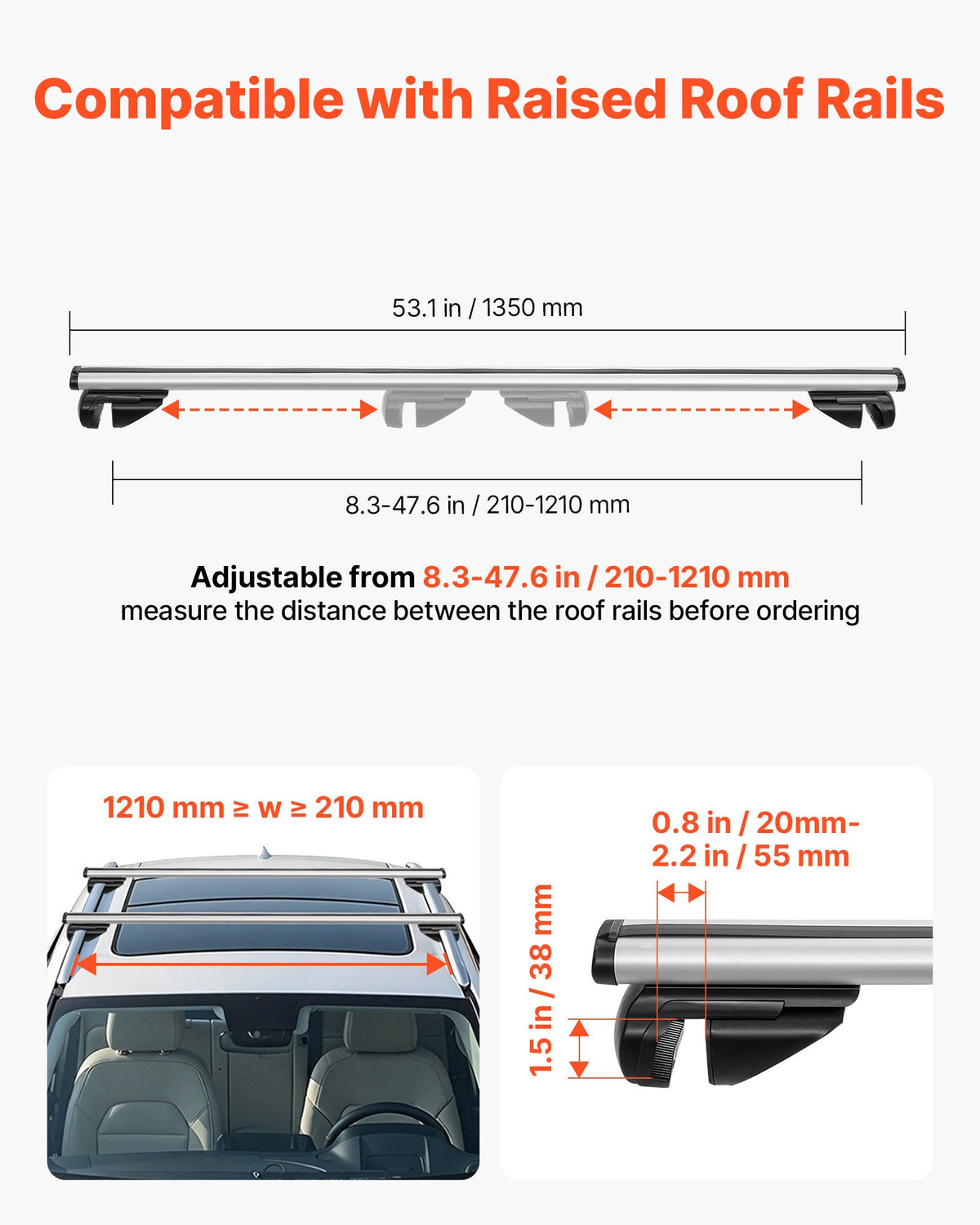 VEVOR Roof Rack Cross Bars, 75 kg Capacity, Universal Fit for Raised Roof Rails, 210-1210 mm Rail Spacing, Lockable Heavy Duty Aluminum Crossbar Racks Rail Rooftop Luggage Canoe Cargo Basket Carrier