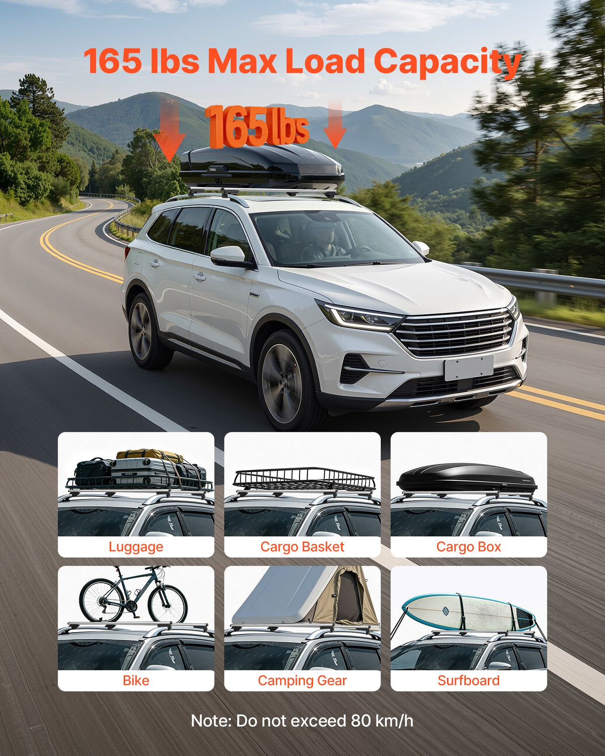VEVOR Roof Rack Cross Bars, 75 kg Capacity, Universal Fit for Raised Roof Rails, 210-1210 mm Rail Spacing, Lockable Heavy Duty Aluminum Crossbar Racks Rail Rooftop Luggage Canoe Cargo Basket Carrier