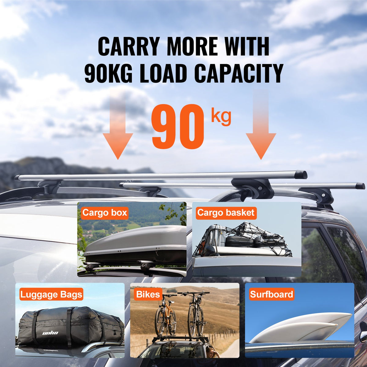 VEVOR Universal Roof Rack Crossbar 132.1 cm Length for Vehicle with Raised Side Rail
