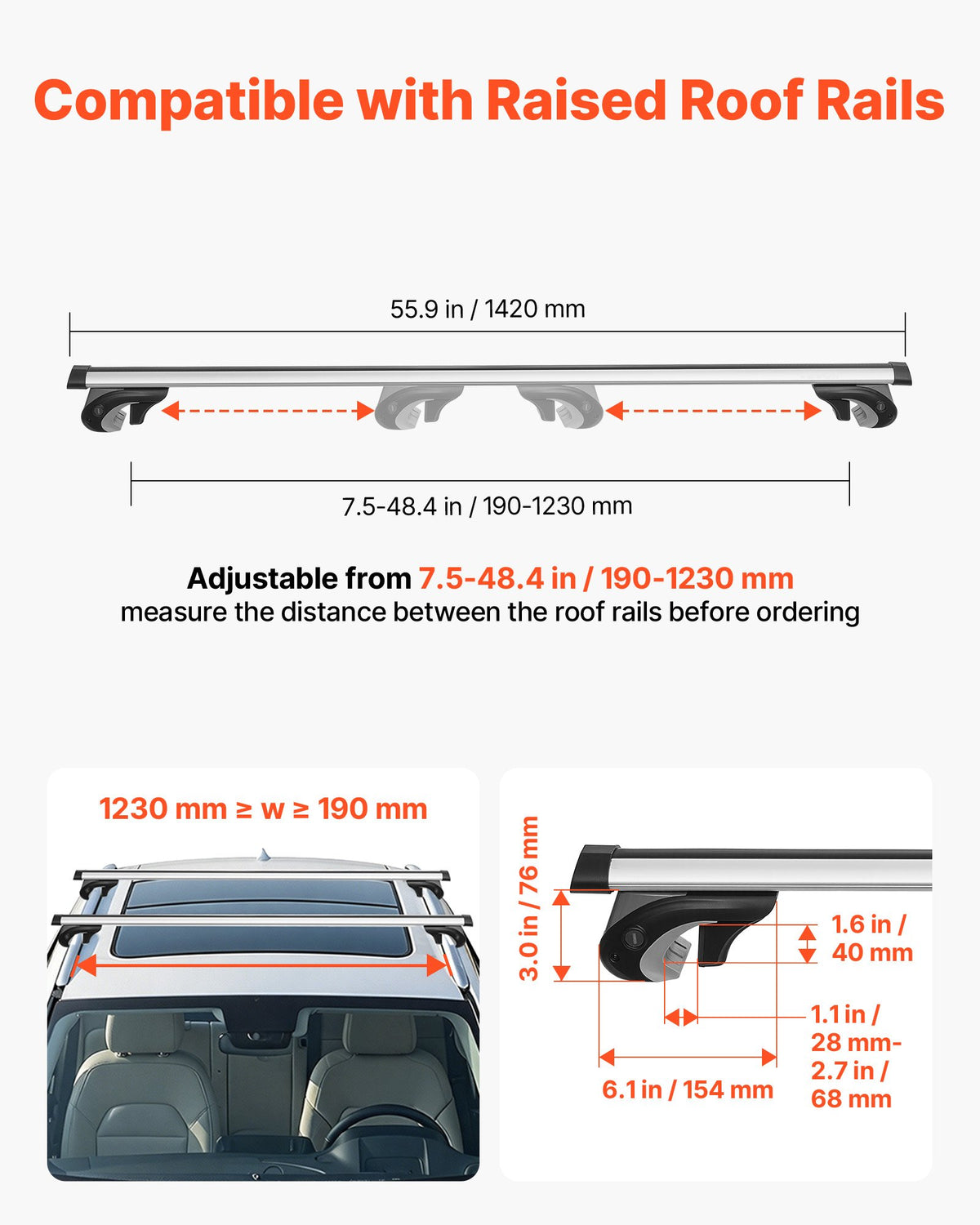 VEVOR Roof Rack Cross Bars, 90 kg Capacity, Universal Fit for Raised Roof Rails, 190-1230 mm Rail Spacing, Lockable Heavy Duty Aluminum Crossbar Racks Rail Rooftop Luggage Canoe Cargo Basket Carrier