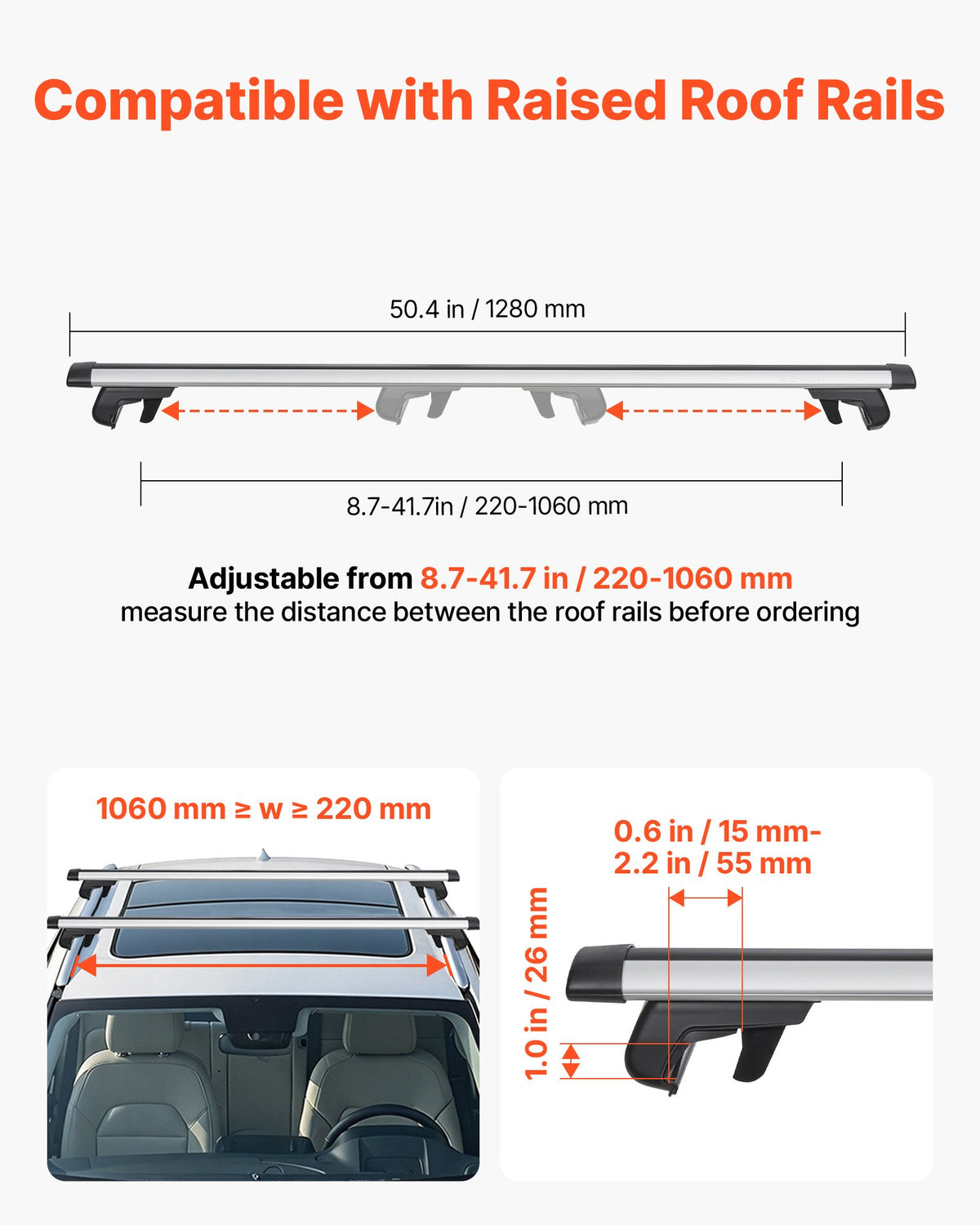 VEVOR Roof Rack Cross Bars, 100 kg Capacity, Universal Fit for Raised Roof Rails, 220-1060 mm Rail Spacing, Lockable Heavy Duty Aluminum Crossbar Racks Rail Rooftop Luggage Canoe Cargo Basket Carrier