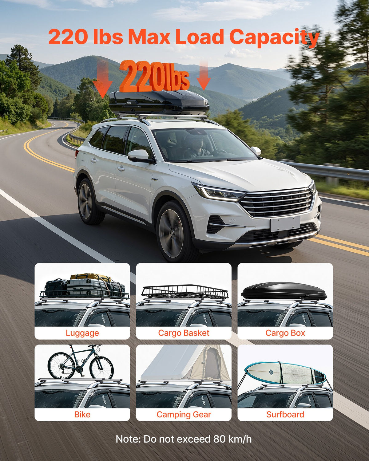 VEVOR Roof Rack Cross Bars, 100 kg Capacity, Universal Fit for Raised Roof Rails, 220-1060 mm Rail Spacing, Lockable Heavy Duty Aluminum Crossbar Racks Rail Rooftop Luggage Canoe Cargo Basket Carrier