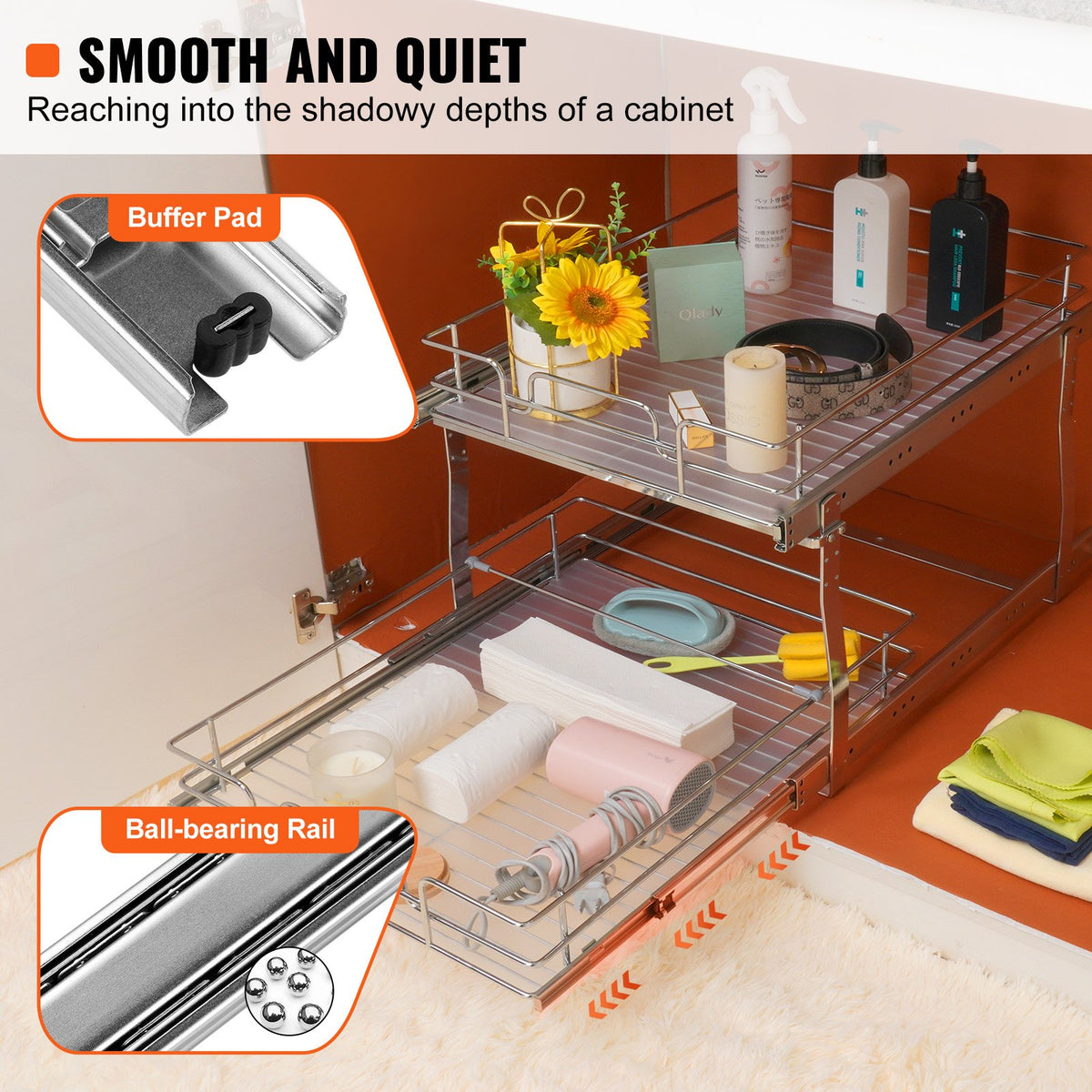 VEVOR 2 Tier 20"Wx21"Dx15"H Pull Out Cabinet Organizer, Heavy Duty Slide Out Pantry Shelves, Steel Roll Out Drawers, Sliding Drawer Storage for Home, 21.5"Wx22"Dx18"H Install Size for Cabinet