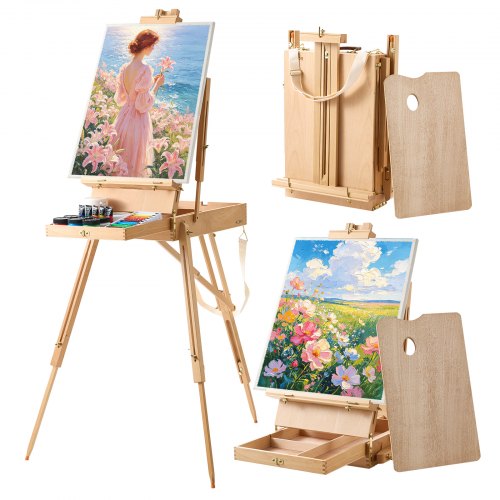 VEVOR French Easel with Legs Foldable and Portable Sketchbox Easel Stand, For Painting, Solid Beech Wood, Holds Canvas up to 860 mm, Adjustable Height & Angle, with Drawer, Palette, Shoulder Strap