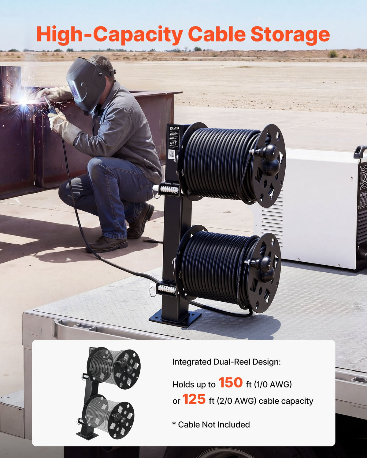 VEVOR Heavy Duty Double Welding Cable Reel, Welding Cable Lead Reels for 45.7m (50 mm²) & 38m (70 mm²) Cable, Powder-Coated Steel Reel with Locking Pin for Service Trucks, Fleet Maintenance, Jobsites