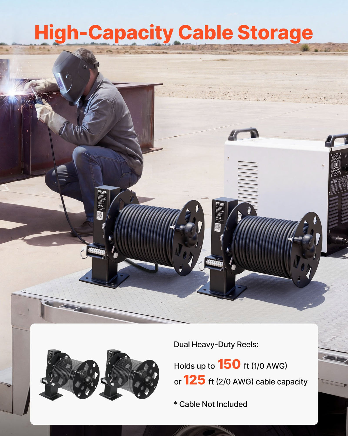 VEVOR 2PCS Heavy Duty Welding Cable Reels, Welding Cable Lead Reels for 45.7m (50 mm²) & 38m (70 mm²) Cable, Powder-Coated Steel Reel with Locking Pin for Service Trucks, Fleet Maintenance, Jobsites
