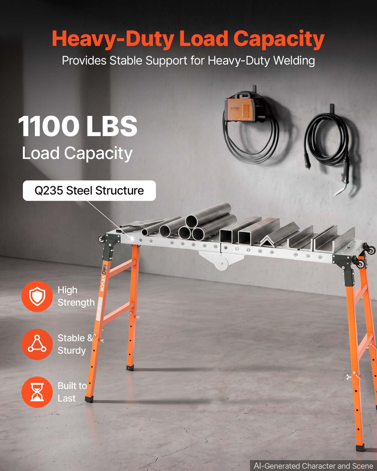 VEVOR 2-in-1 Folding Welding Table 1397 x 355.6mm Work Bench 500kg Capacity, 5-Level Height Adjustable, Heavy-Duty Steel Welding Platform with 4 Wheels, 12 Tool Slots & 14mm Fixture Holes for Workshop
