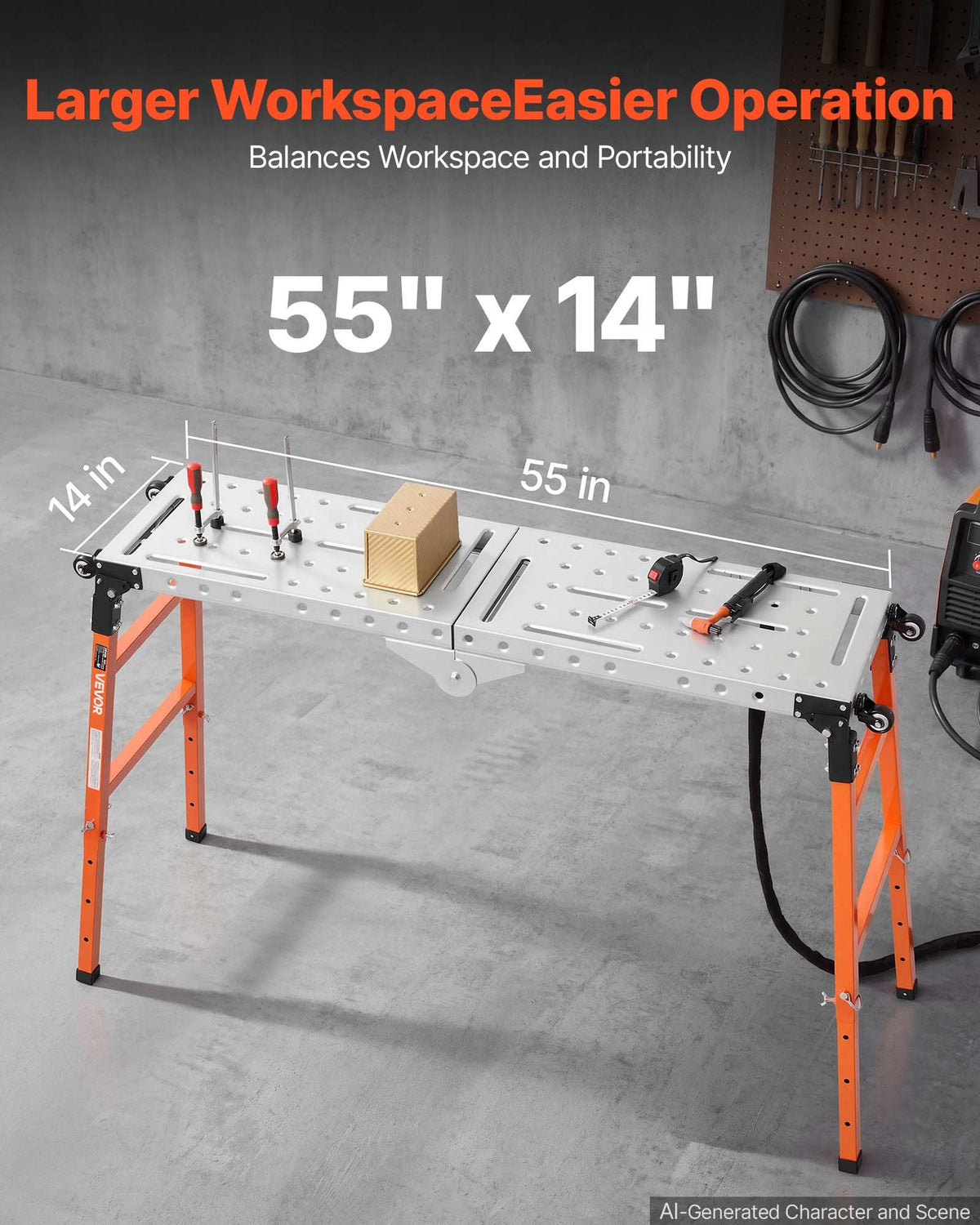 VEVOR 2-in-1 Folding Welding Table 1397 x 355.6mm Work Bench 500kg Capacity, 5-Level Height Adjustable, Heavy-Duty Steel Welding Platform with 4 Wheels, 12 Tool Slots & 14mm Fixture Holes for Workshop