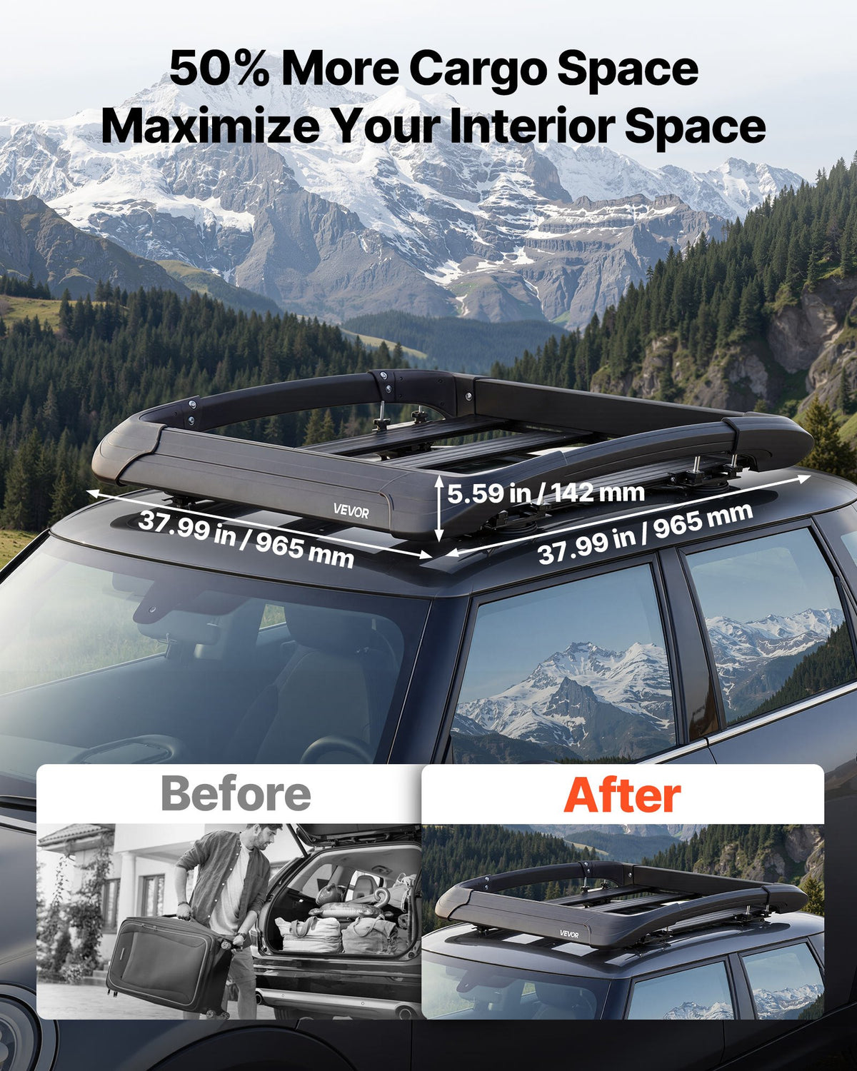 VEVOR Roof Rack Cargo Basket, 965 x 965 x 142 mm, Universal Heavy Duty Roof Top Carrier Basket, 68.04 kg Capacity, All-Weather Car Top Luggage Holder, Fit Crossbars up to 3.54 x 1.97 in, for SUV Truck