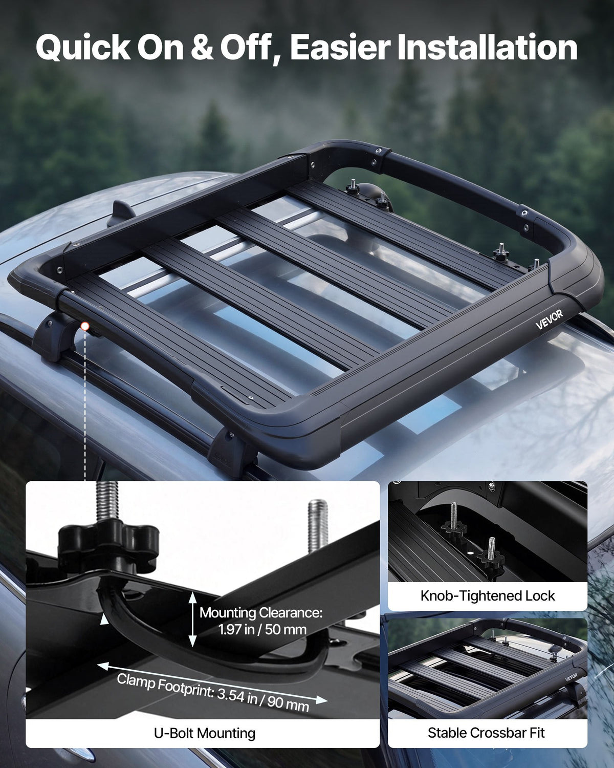 VEVOR Roof Rack Cargo Basket, 965 x 965 x 142 mm, Universal Heavy Duty Roof Top Carrier Basket, 68.04 kg Capacity, All-Weather Car Top Luggage Holder, Fit Crossbars up to 3.54 x 1.97 in, for SUV Truck