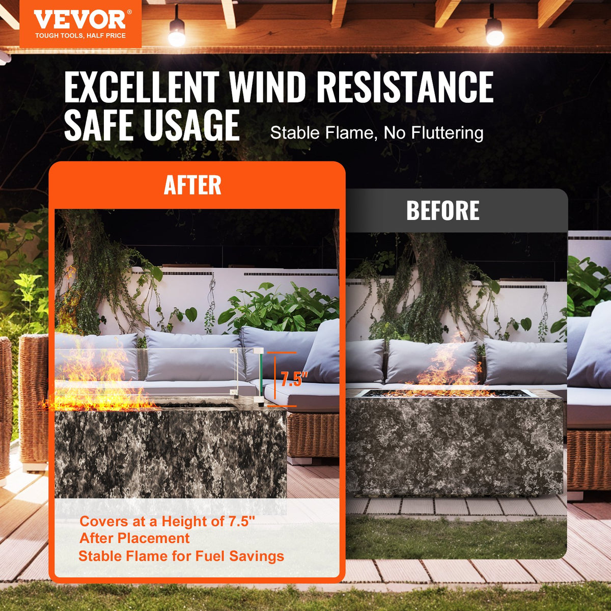 VEVOR Glass Wind Guard for Rectangular Fire Pit Table 924 x 417 x 191 mm