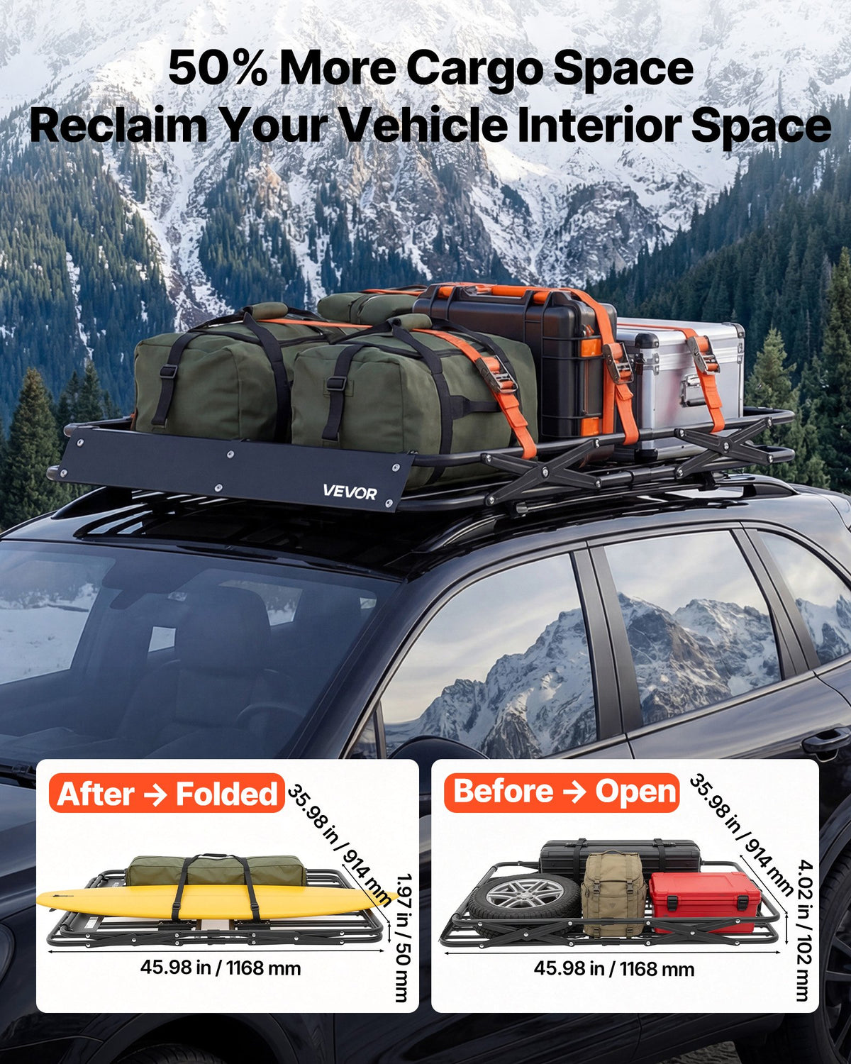 VEVOR Roof Rack Cargo Basket, 1168 x 914 x 102 mm, Heavy Duty Roof Top Carrier Basket with Folding Design, 90.72 kg Capacity, All-Weather Easy-Install Car Top Luggage Holder, Universal for SUV Truck