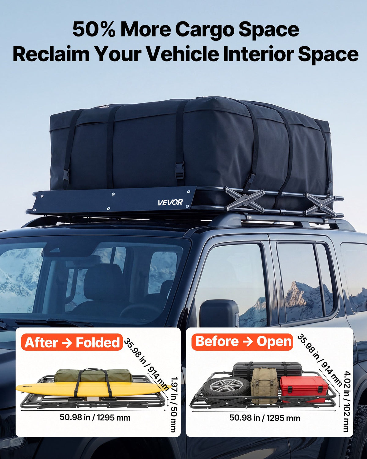 VEVOR Roof Rack Cargo Basket, 1295 x 914 x 102 mm, Heavy Duty Roof Top Carrier Basket with Folding Design, 90.72 kg Capacity, All-Weather Easy-Install Car Top Luggage Holder, Universal for SUV Truck