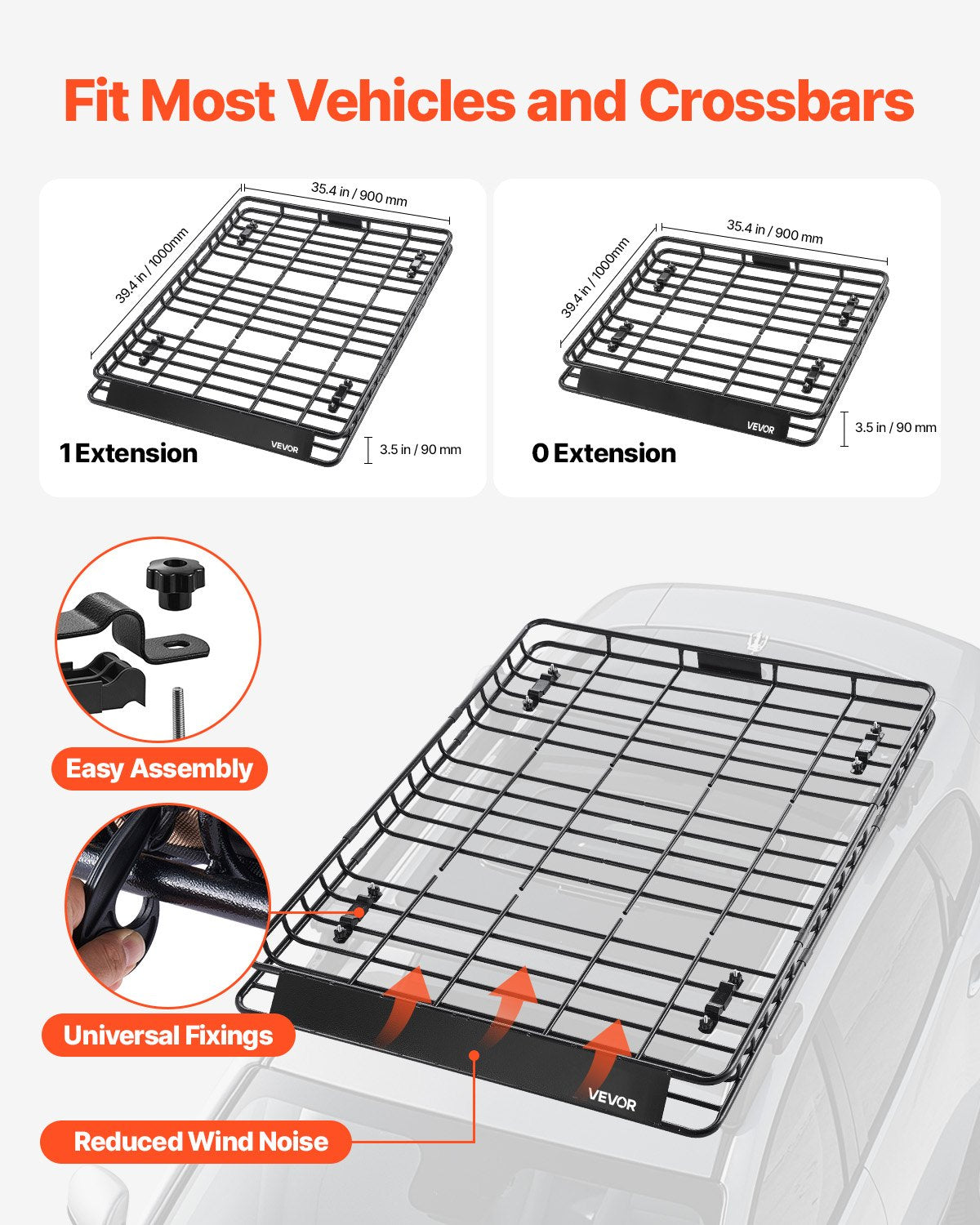 VEVOR Roof Rack Basket, 1630 x 1270 x 105 mm, Universal Rooftop Cargo Carrier with Two 900 x 1000 mm Cargo Net, 68 kg Max Car Top Luggage Holder, 4.1 in Fence, Anti-Rust Alloy Steel, for SUV Truck Car