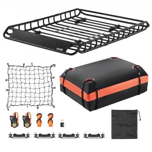 VEVOR Roof Rack Basket, 1300 x 910 x 105 mm, Universal Rooftop Cargo Carrier with 44.1 x 34.3 x 10.2 in Cargo Bag, Net, Ratchet Straps, 90.7 kg Max Load Capacity Car Top Luggage Holder, for SUV Car